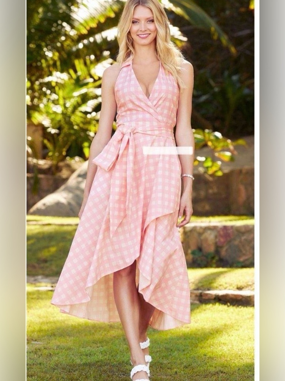 BOSTON PROPER - Pink Gingham Halter High-Low Wrap Dress
Size - 14